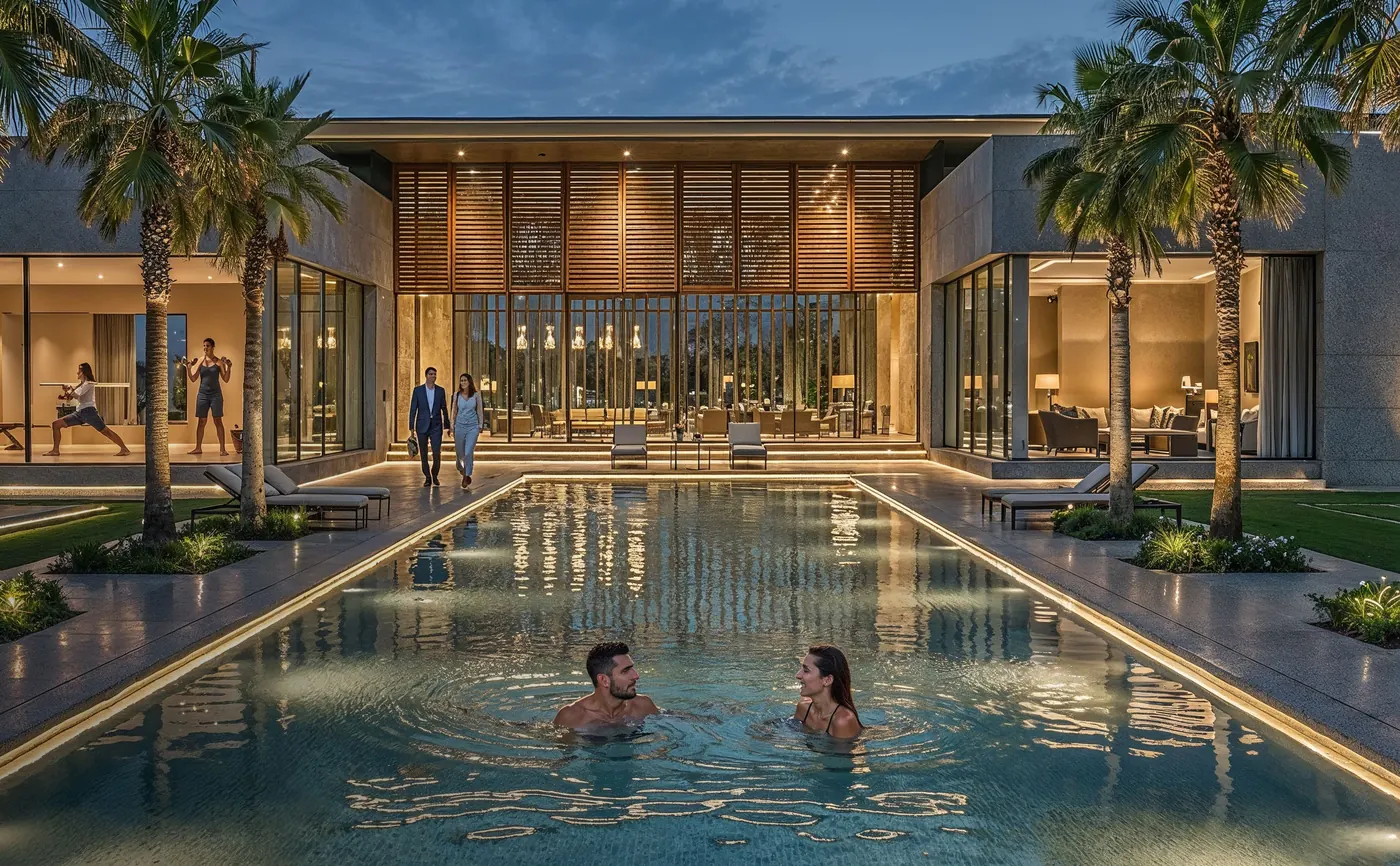 The community centre's lap pool at dusk, lit pavilion behind