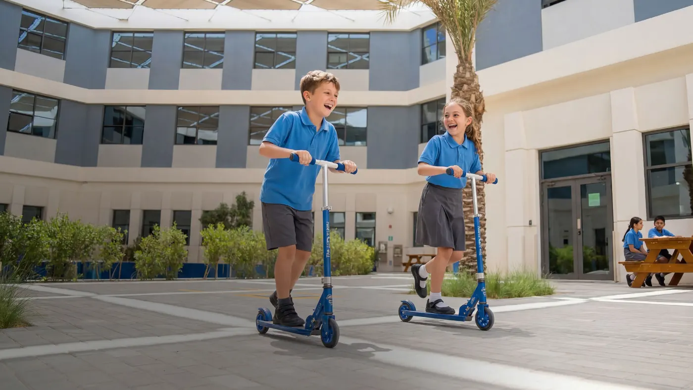 Two pupils on scooters in the courtyard of Al Ghadeer British School